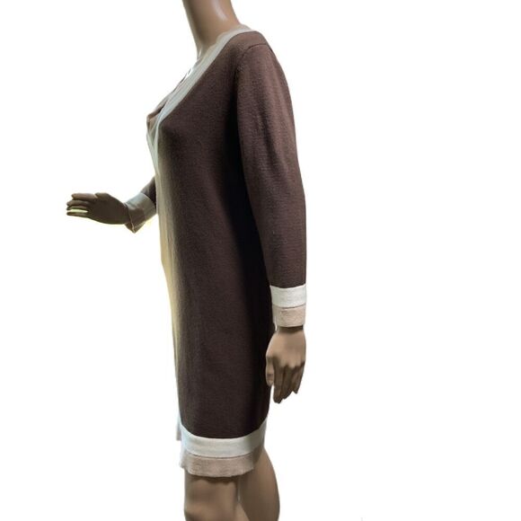 K. Jordan Brown Cream V Neck Long Sleeve Sweater Dress Size Medium - Picture 10 of 12